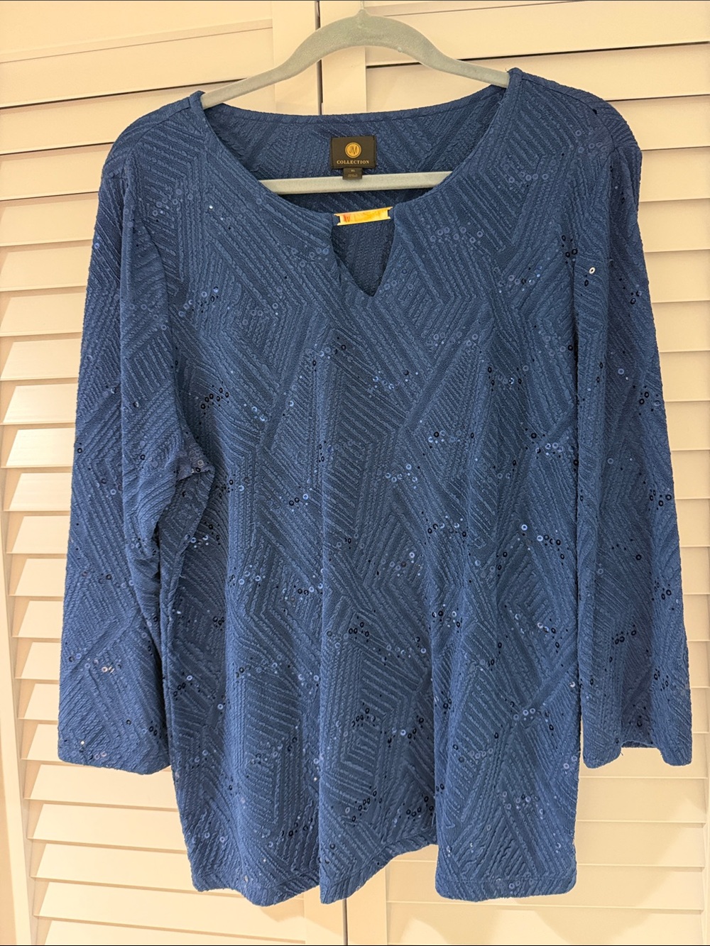 JM Collection Blue Sequin Textured V-Neck Top